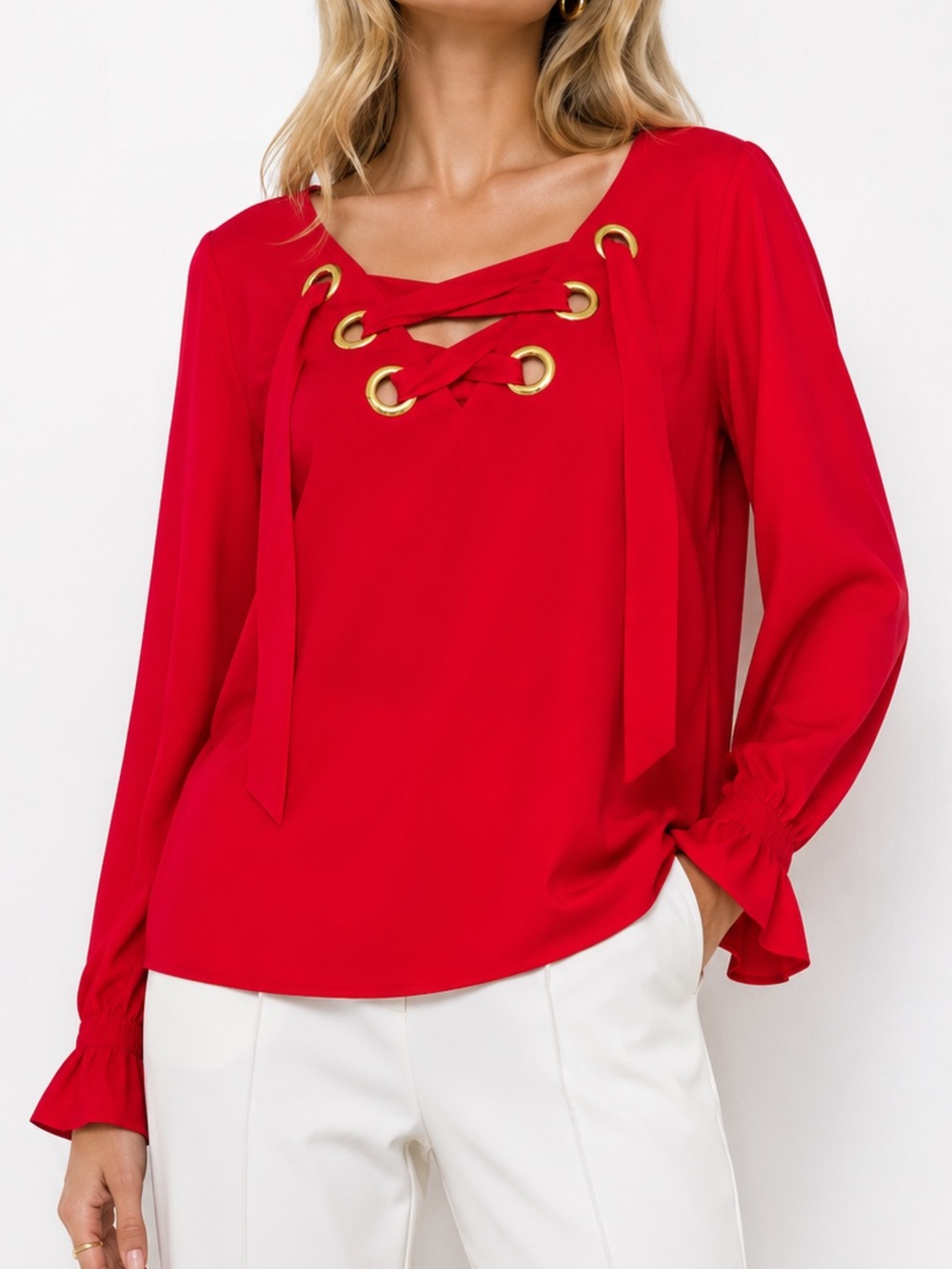 MICHAEL KORS Red Lace-Up Long Sleeve Blouse w Gold Eyelets & Ruffle Cuffs